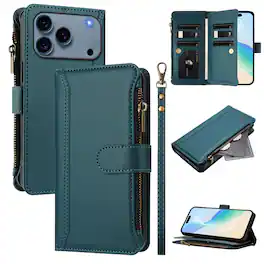 Dteck - Crossbody Wallet Case for Apple iPhone 17 Pro, Shockproof Zipper PU Leather Flip Stand Cover with 9 Card Slots - Darkgreen
