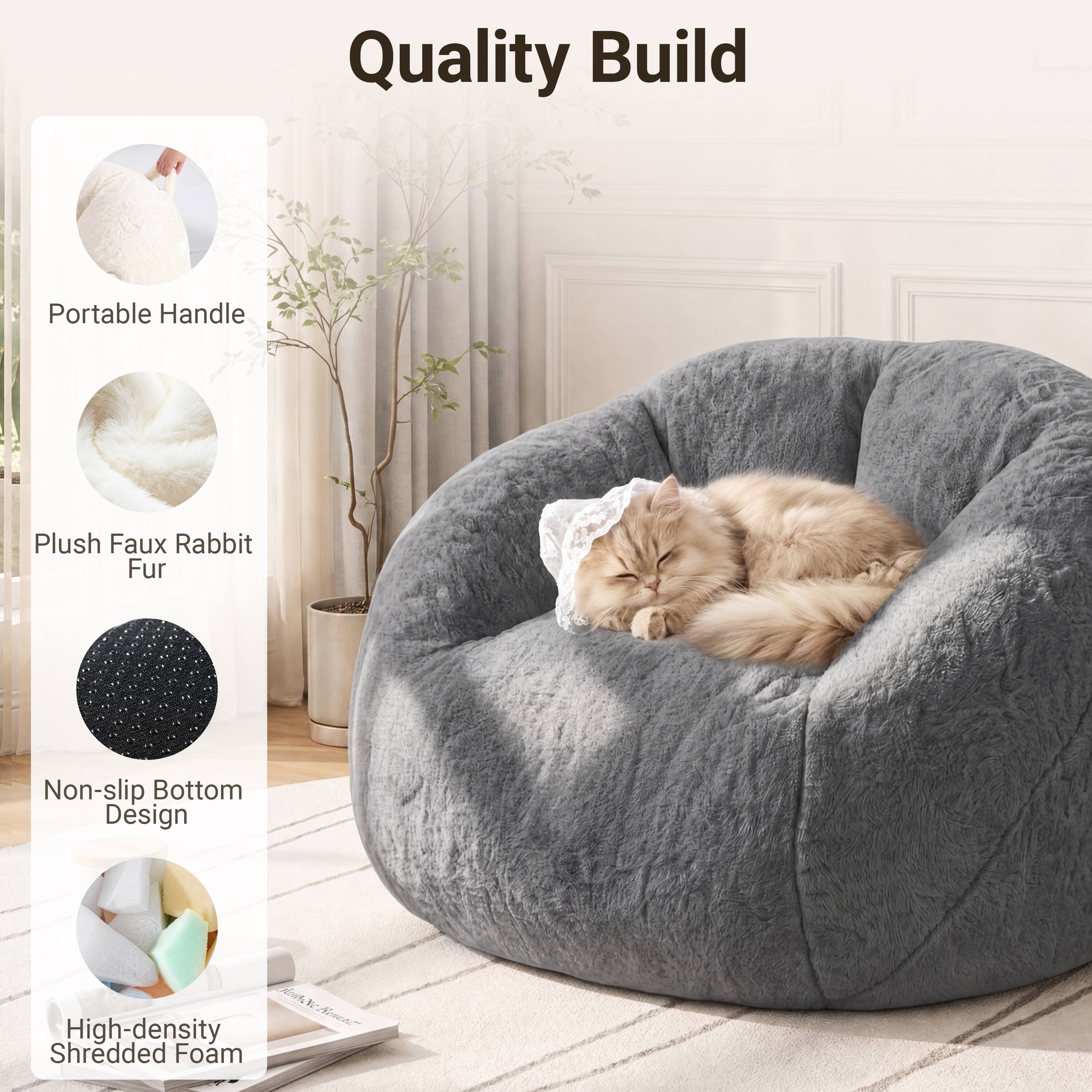 Quality Build Portable Handle Plush Faux Rabbit Fur Non-slip Bottom Design High-density Shredded Foam