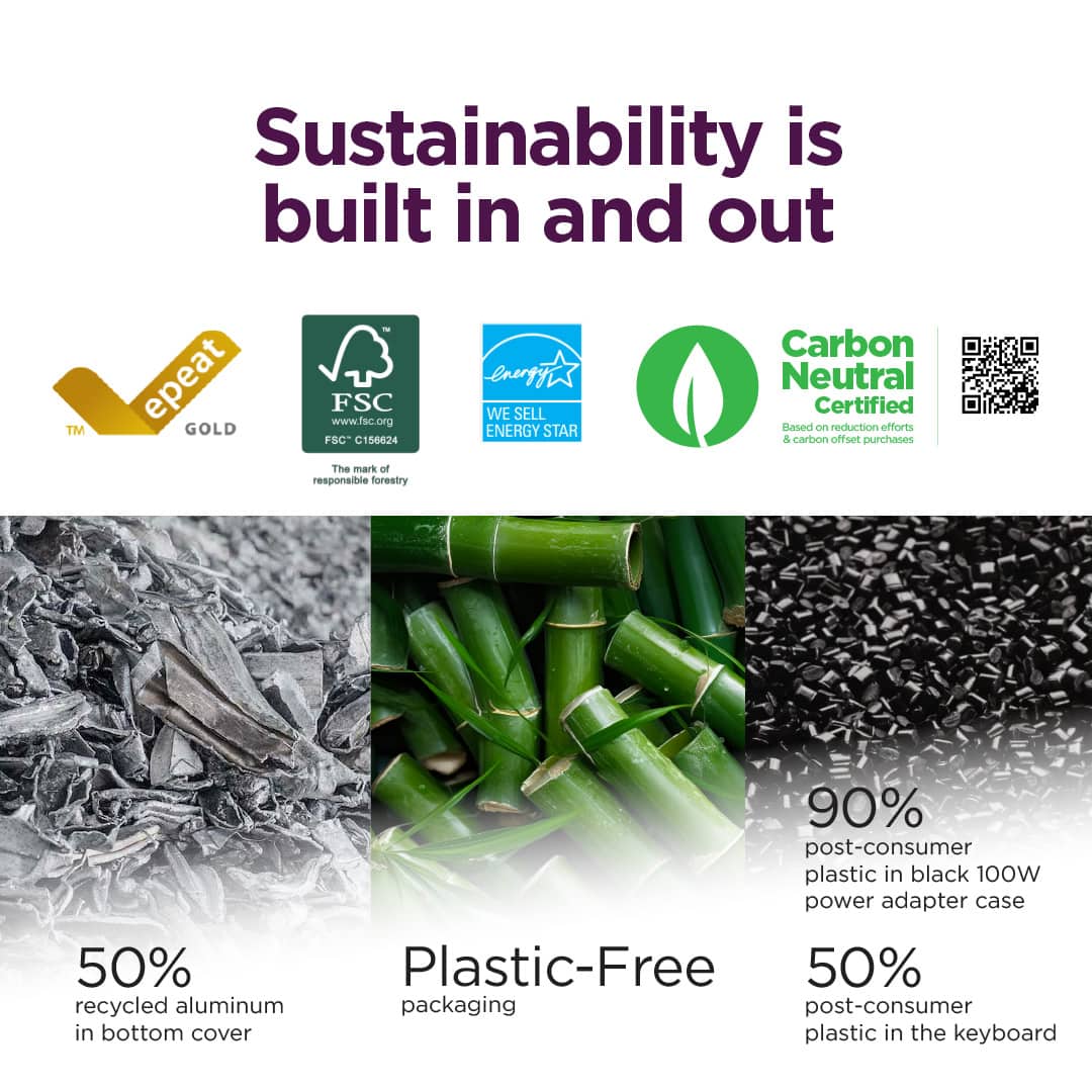 Sustainability is built in and out. TM epeat GOLD FSC. The mark of responsible forestry. energyi. We sell Energy Star. Carbon Neutral Certified. Based on reduced energy consumption and carbon offset purchases. 90% post-consumer plastic in black. 100W power adapter case. 50% Plastic-Free. 50% recycled aluminum packaging. Post-consumer in bottom cover. Plastic in the keyboard.