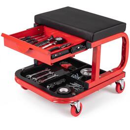 Costway - Mechanic Rolling Stool with Tool Trays & Magnetic Drawer, Padded Cushion, 4 Wheels - Black and Red