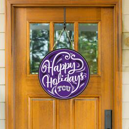 Evergreen Enterprises - TCU Horned Frogs 18" Happy Holidays Wooden Round Door Sign - Multicolor