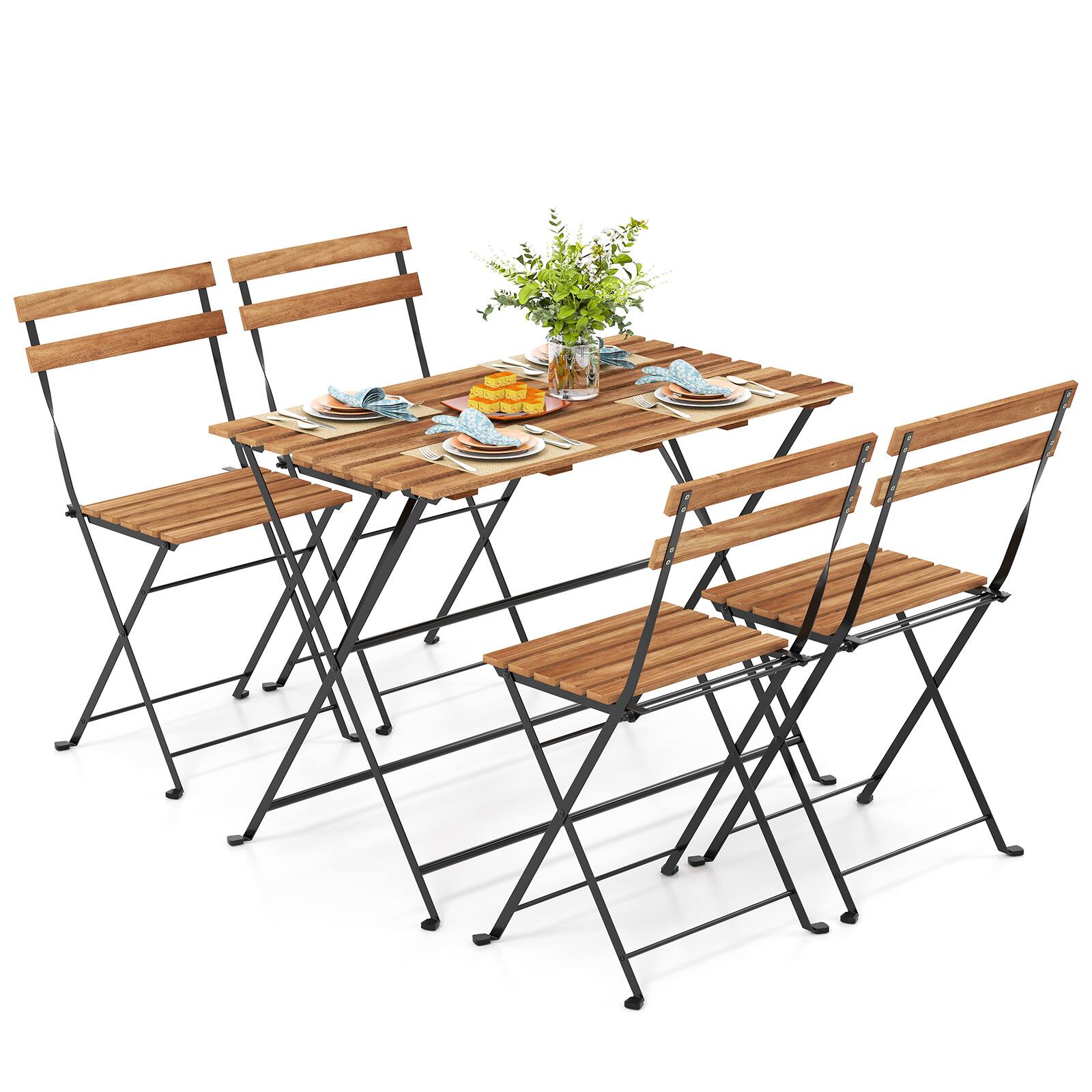 Alt View 8. Gymax - Gymax 5 PCS Patio Acacia Wood Dining Set w/ 4 Folding Chairs Slatted Seat & Tabletop - Black, Brown.