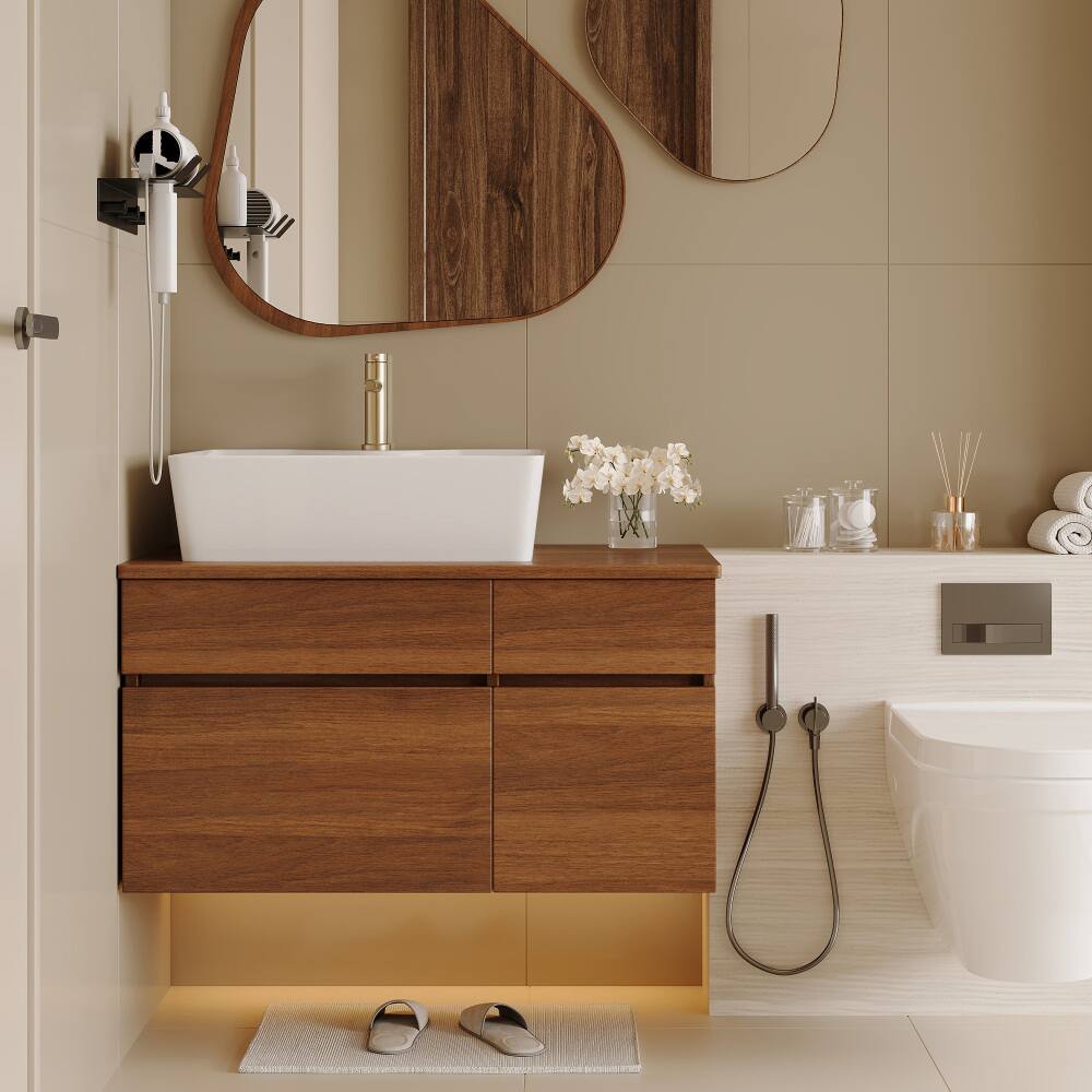 Back. JUJABU - 31.5 In. Walnut Floating Bathroom Vanity with Ceramic Sink - Walnut.