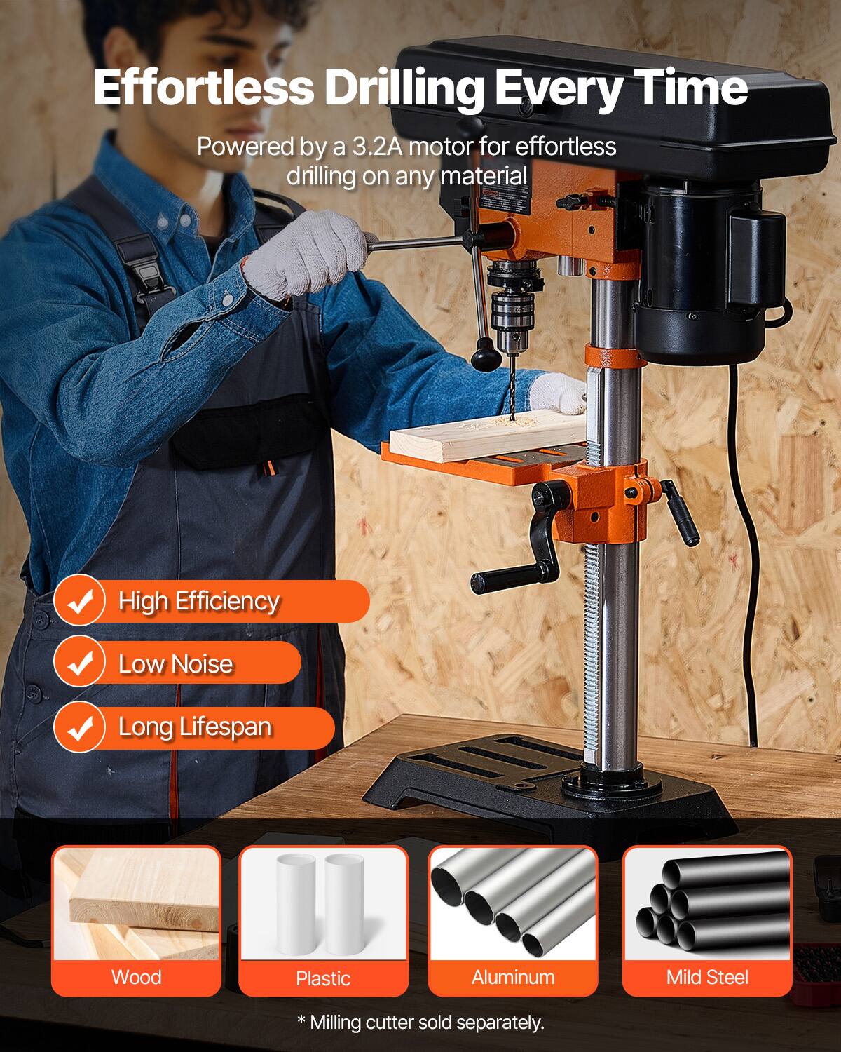 Effortless Drilling Every Time  
Powered by a 3.2A motor for effortless drilling on any material  

High Efficiency  
Low Noise  
Long Lifespan  

Wood  
Plastic  
Aluminum  
Mild Steel  

*Milling cutter sold separately.