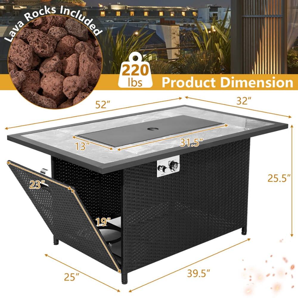 Lava Rocks Included  
220 lbs  

Product Dimension  
52" x 32" x 13"  
31.5" x 23" x 19"  
25.5" x 25" x 39.5"