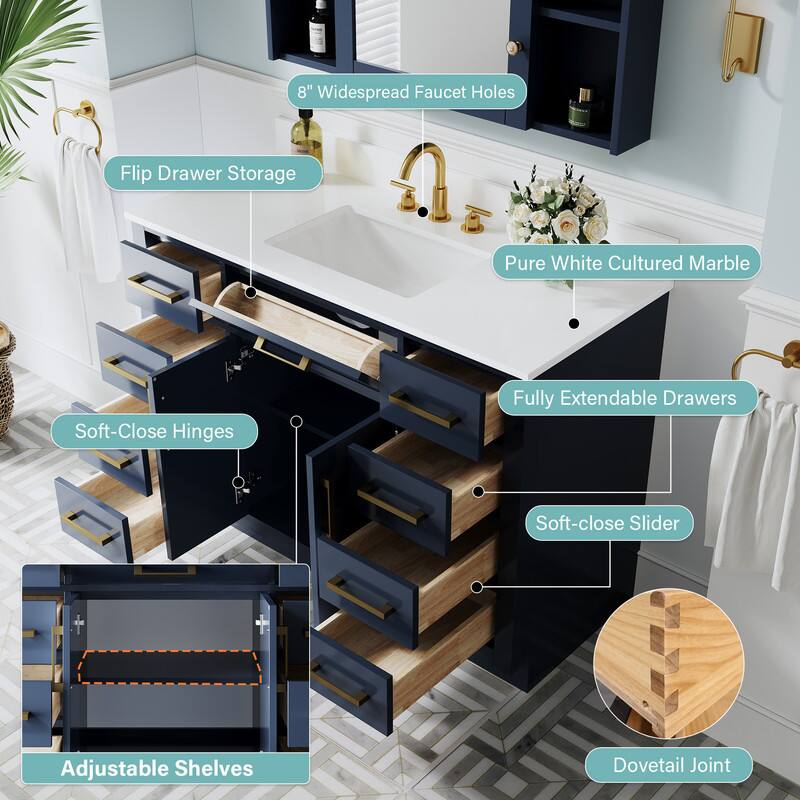 8" Widespread Faucet Holes  
Flip Drawer Storage  
Pure White Cultured Marble  
Fully Extendable Drawers  
Soft-Close Hinges  
Soft-close Slider  
Adjustable Shelves  
Dovetail Joint