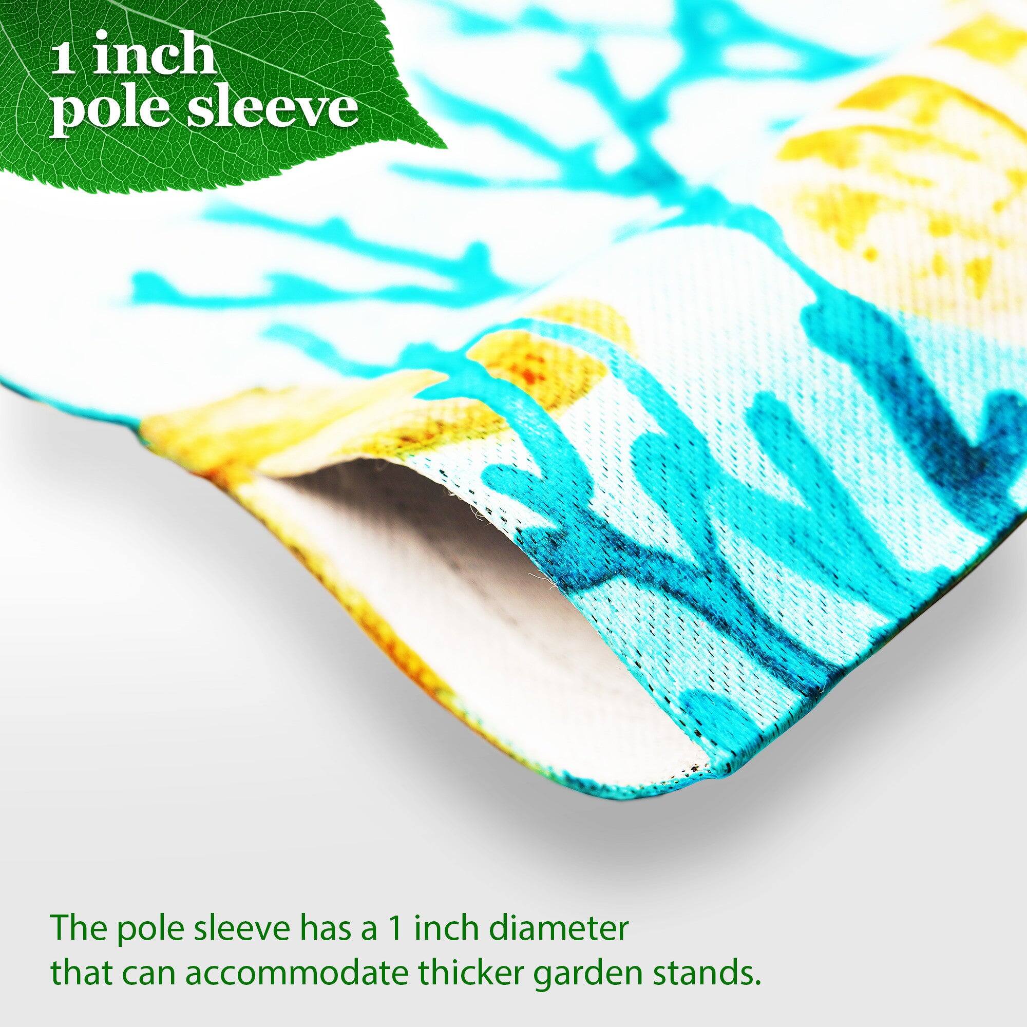 1 inch pole sleeve

The pole sleeve has a 1 inch diameter that can accommodate thicker garden stands.