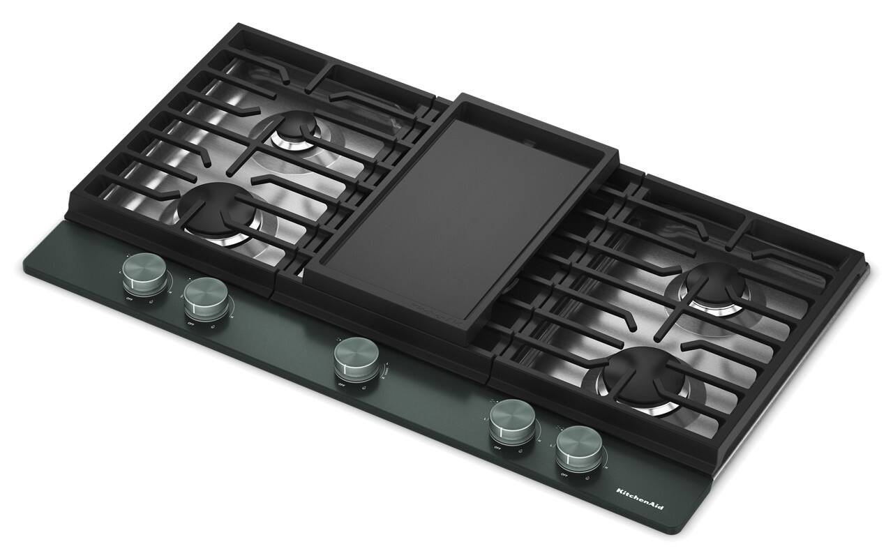 Left. KitchenAid - 36 in. Wide 5 burners Gas Cooktop with   Integrated Wok Grate - Juniper.