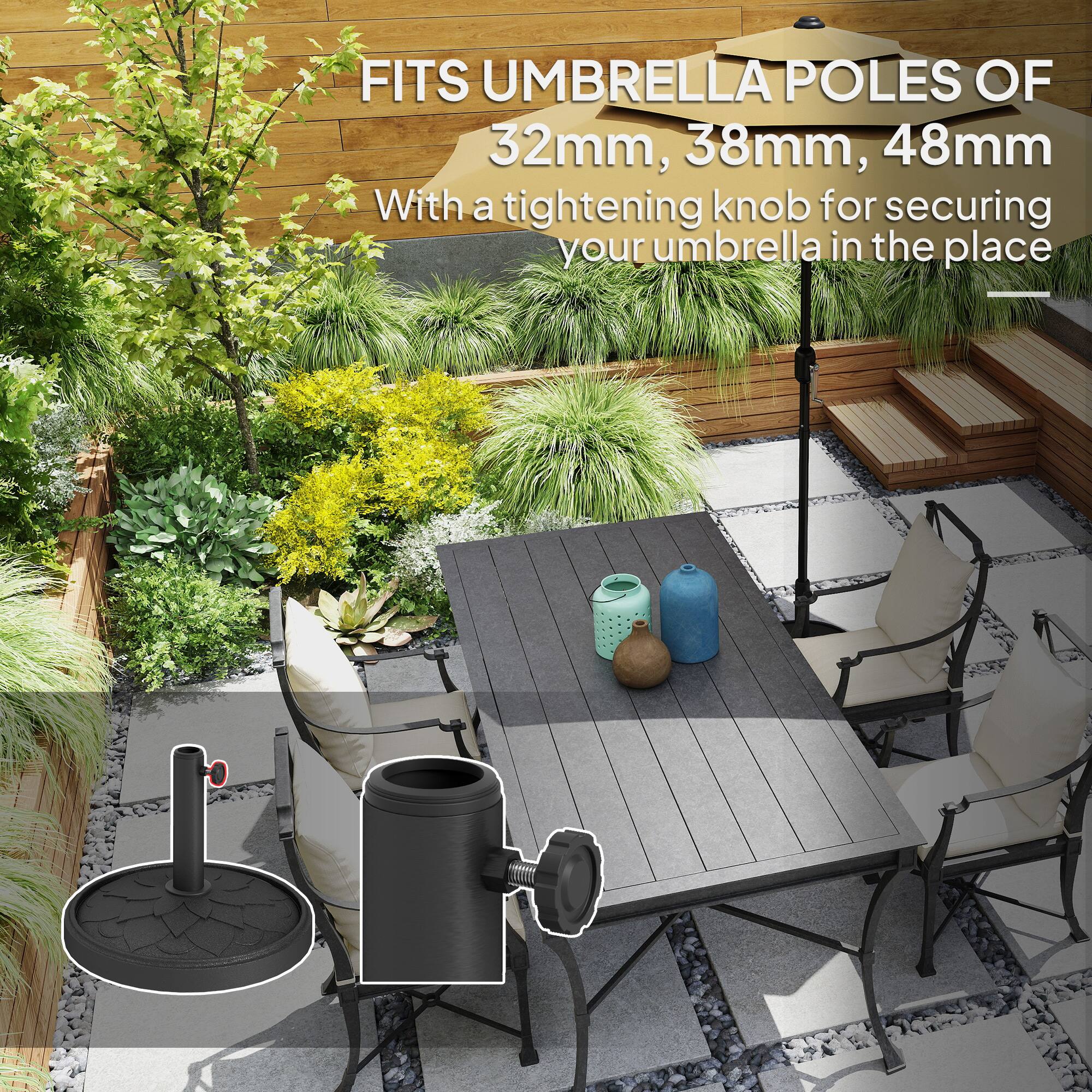 FITS UMBRELLA POLES OF 32mm, 38mm, 48mm
With a tightening knob for securing your umbrella in the place