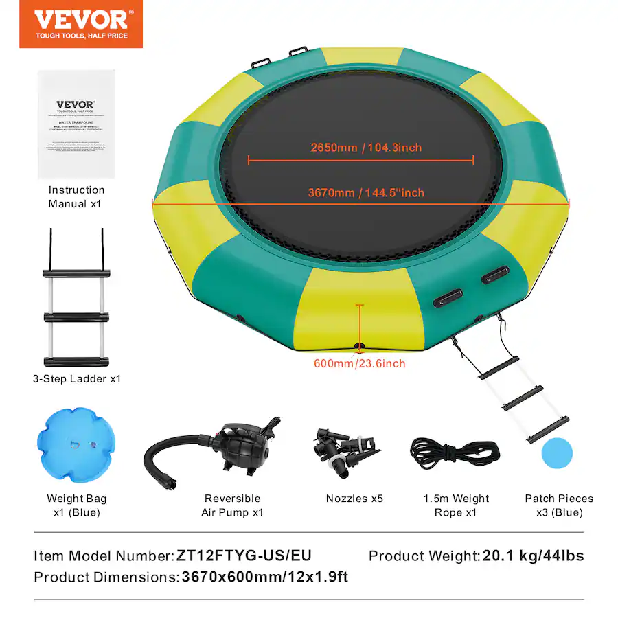 VEVOR Inflatable Water Bouncer, 12ft Recreational Water Trampoline ...