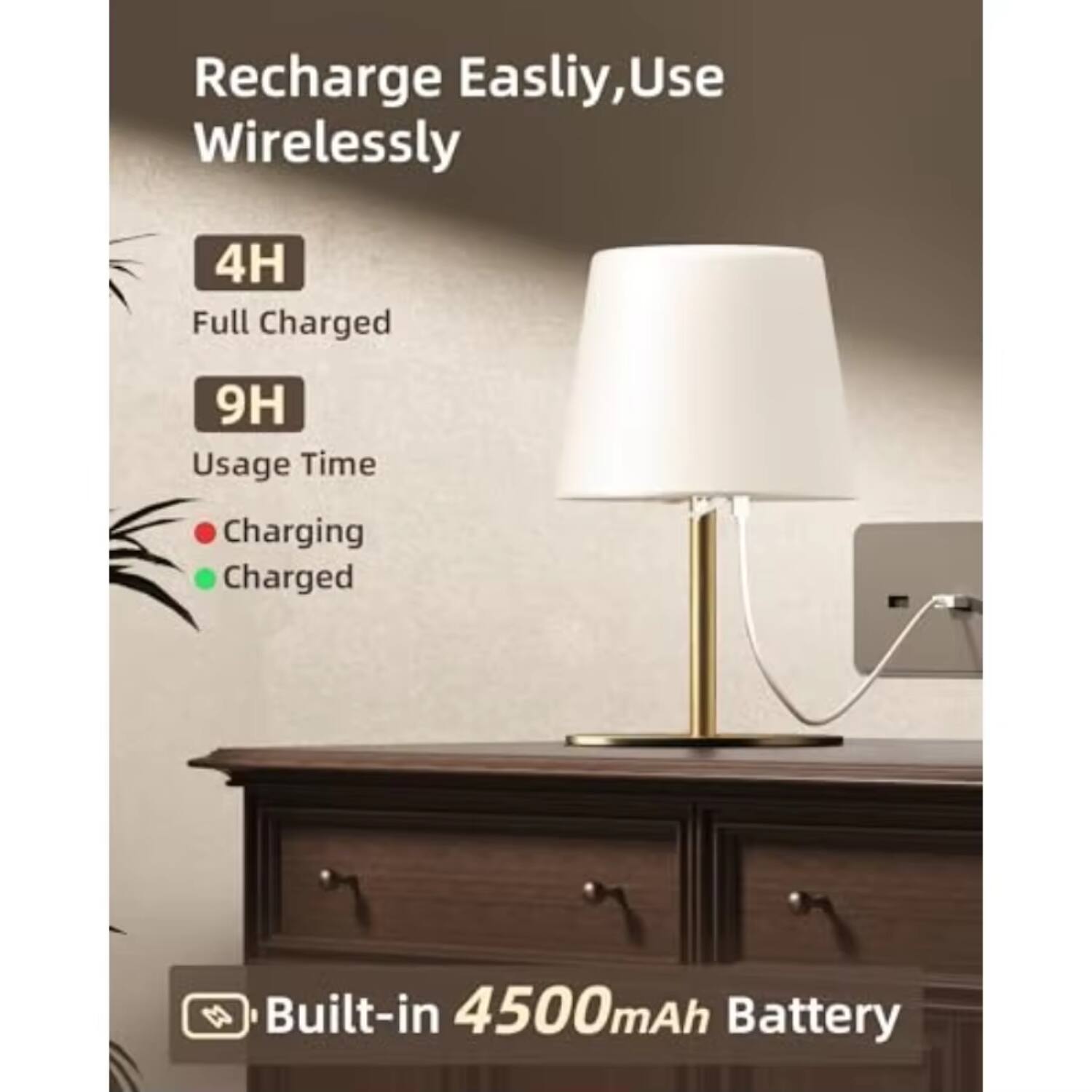 Recharge Easily, Use Wirelessly

4H Full Charged  
9H Usage Time

Charging  
Charged

Built-in 4500mAh Battery