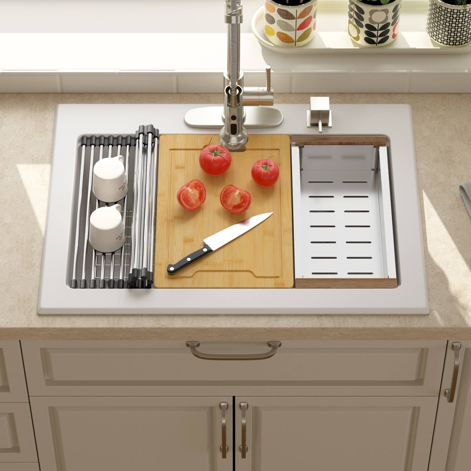 Left. Lordear - 30x22x10 Inch White Granite Composite Drop In Workstation kitchen Sink Single Bowl Quartz Kitchen Sink With Beveled Edge - White.