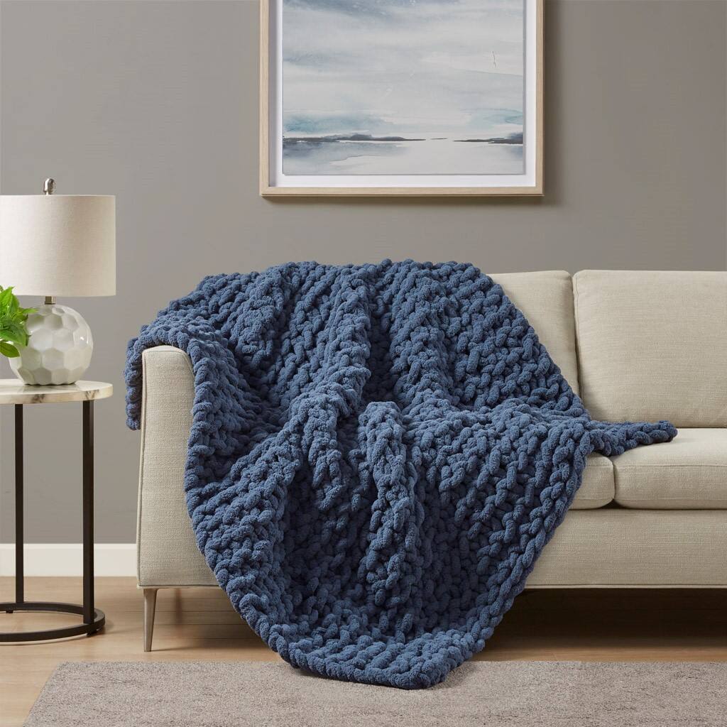 Alt View 1. Gracie Mills - Gracie Mills Dana Handmade Chenille Chunky Knit Throw Blanket - Navy Blue.