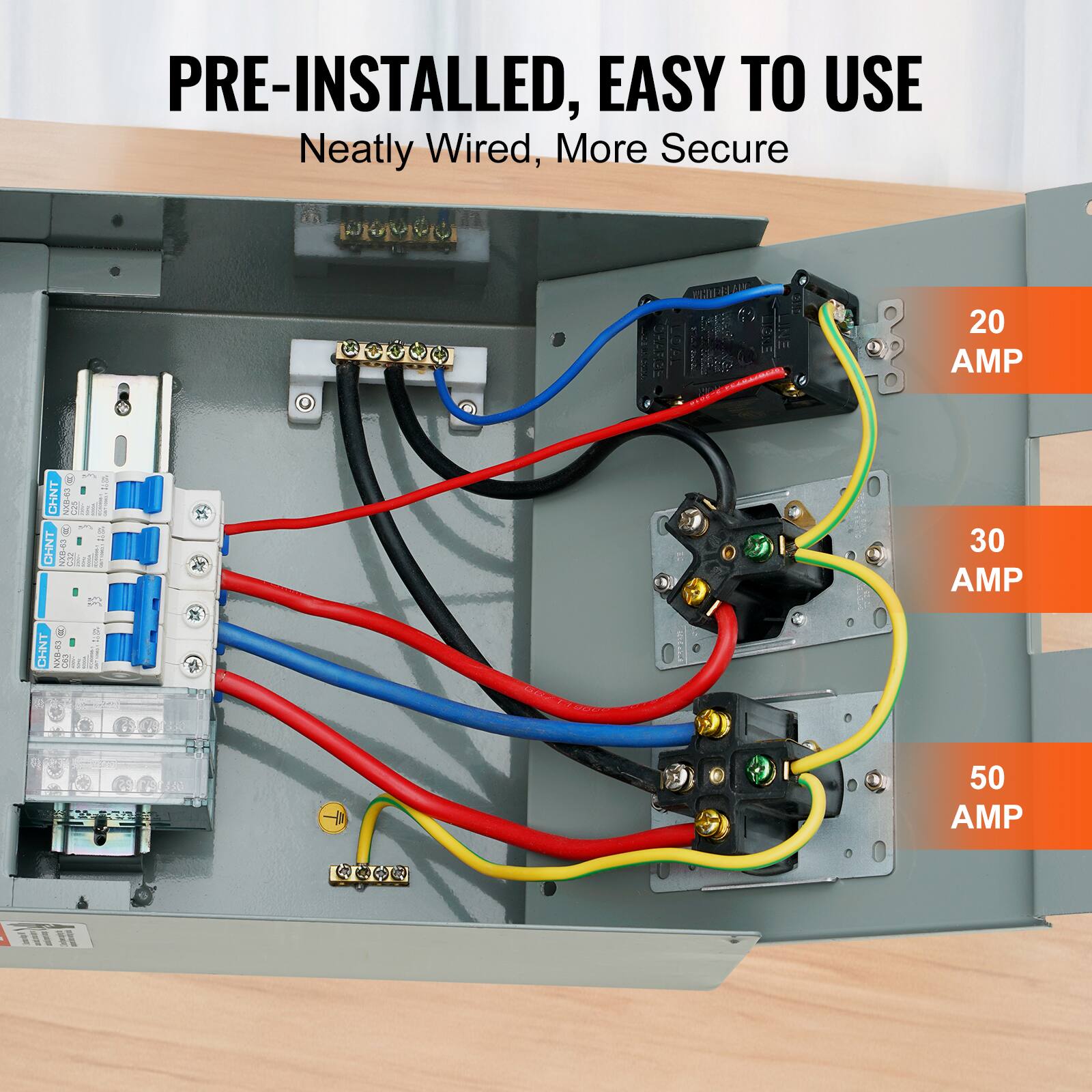 PRE-INSTALLED, EASY TO USE  
Neatly Wired, More Secure  

20 AMP  
30 AMP  
50 AMP
