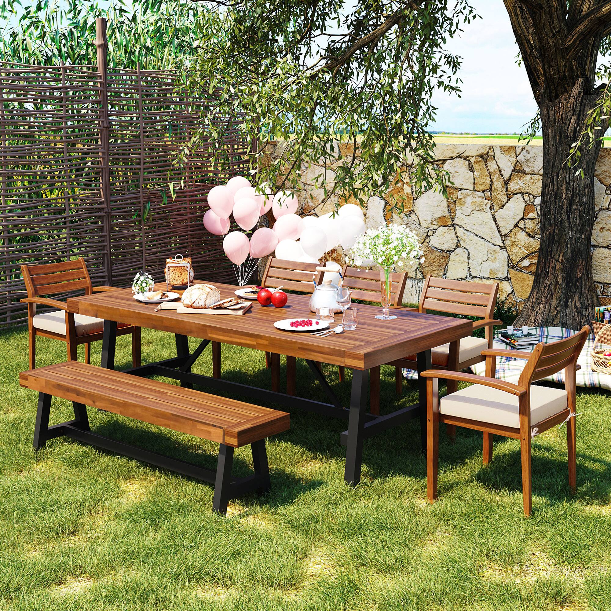 Angle. Mondawe - Outdoor Wood Dining Set With Removable Cushions, Ergonomic Chairs And Benche - Natural.