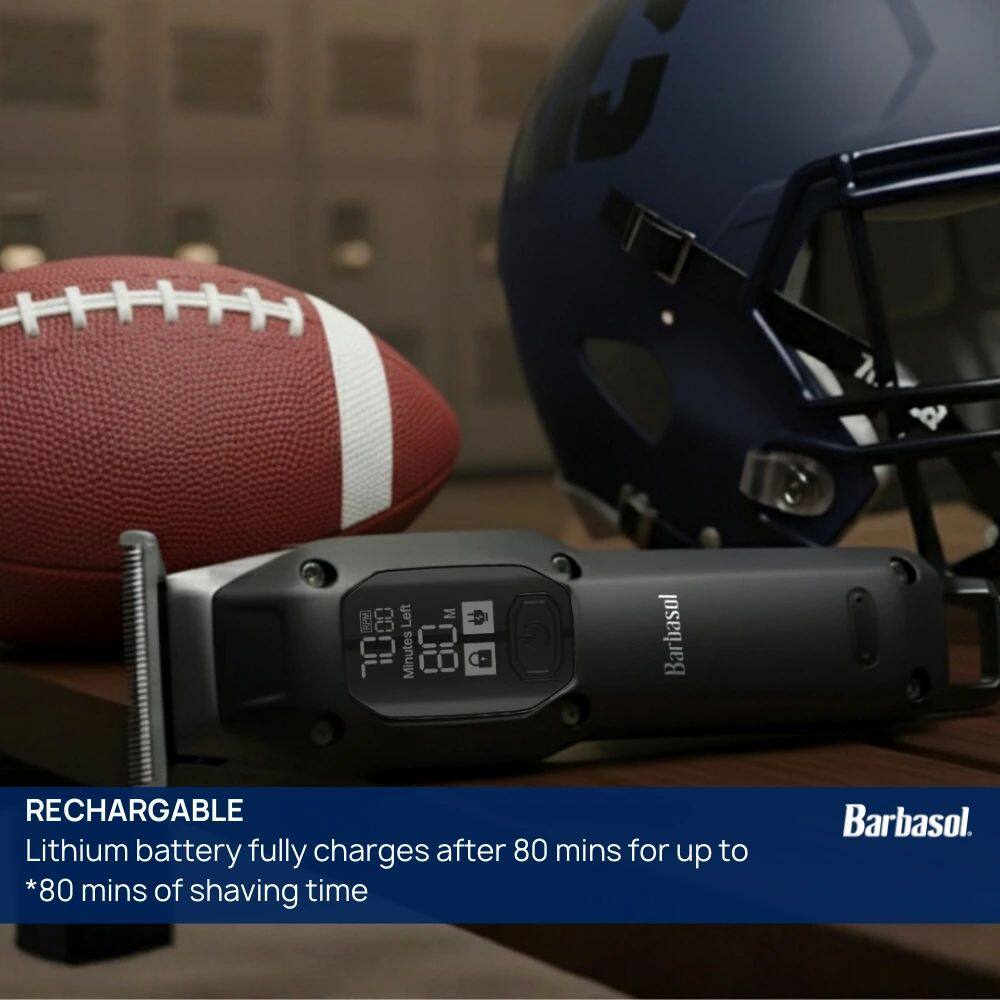 Left M A 8 P Minutes E Barbasol RECHARGABLE Lithium battery fully charges after 80 mins for up to *80 mins of shaving time Barbasol.