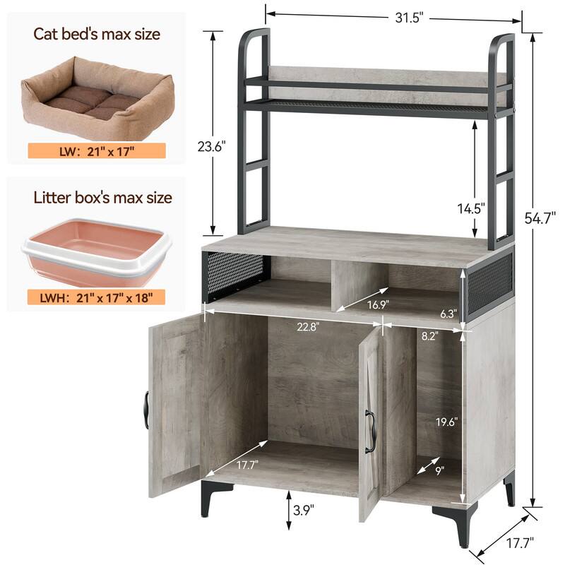 Cat bed's max size  
LW: 21" x 17"  
23.6"  

Litter box's max size  
LWH: 21" x 17" x 18"  

Dimensions of the bunk bed:  
- Width: 31.5"  
- Height: 54.7"  
- Depth: 17.7"  
- Top shelf height: 23.6"  
- Bottom shelf height: 14.5"  
- Drawer height: 6.3"  
- Drawer width: 16.9"  
- Drawer depth: 8.2"  
- Shelf height: 22.8"  
- Shelf depth: 19.6"  
- Bottom shelf height: 3.9"