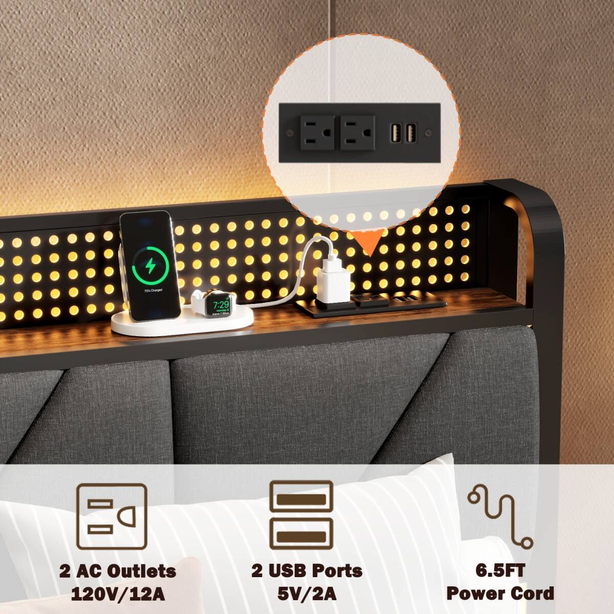 Furnulem Platform Bed Frame Upholstered Headboard LED Lights Charging ...