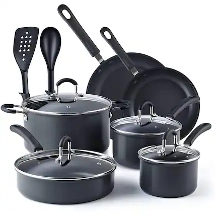 Front. Cook N Home - Cook N Home 12-Piece Hard Anodized Aluminum Nonstick Cookware Set - black.