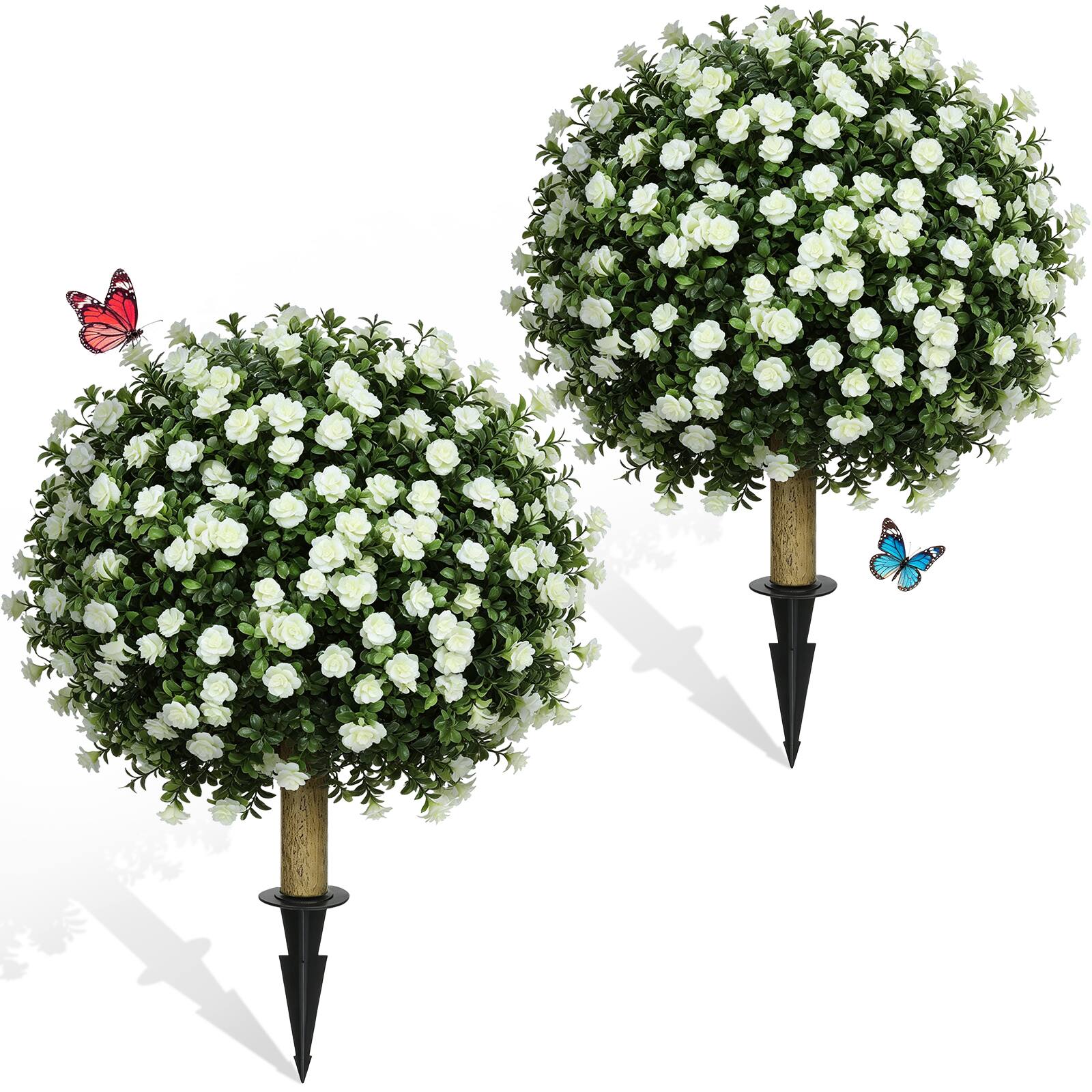 Front. Oumilen - 2 Pack Artificial White Rose Topiary Trees – UV Resistant Outdoor Fake Plants with Stakes, 26.3in for Garden Yard - White.