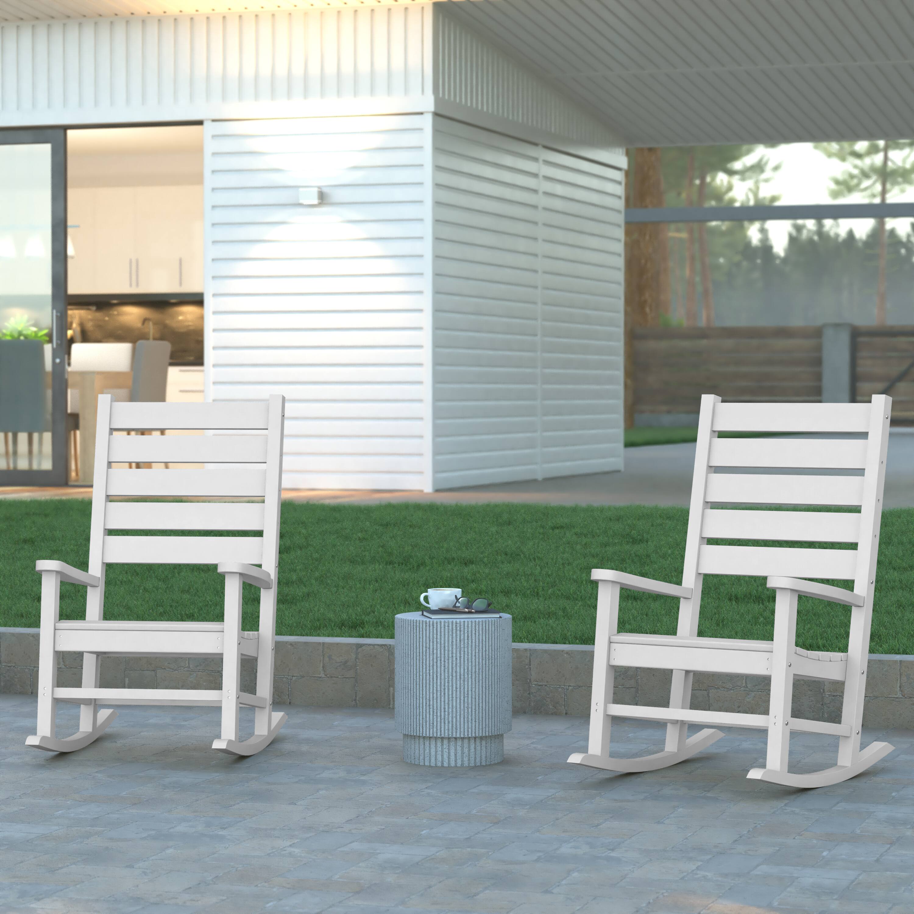 Alt View 2. Emma + Oliver - Florian Set of 2 Contemporary Rocking Chairs, All-Weather HDPE Indoor/Outdoor Rockers - White.
