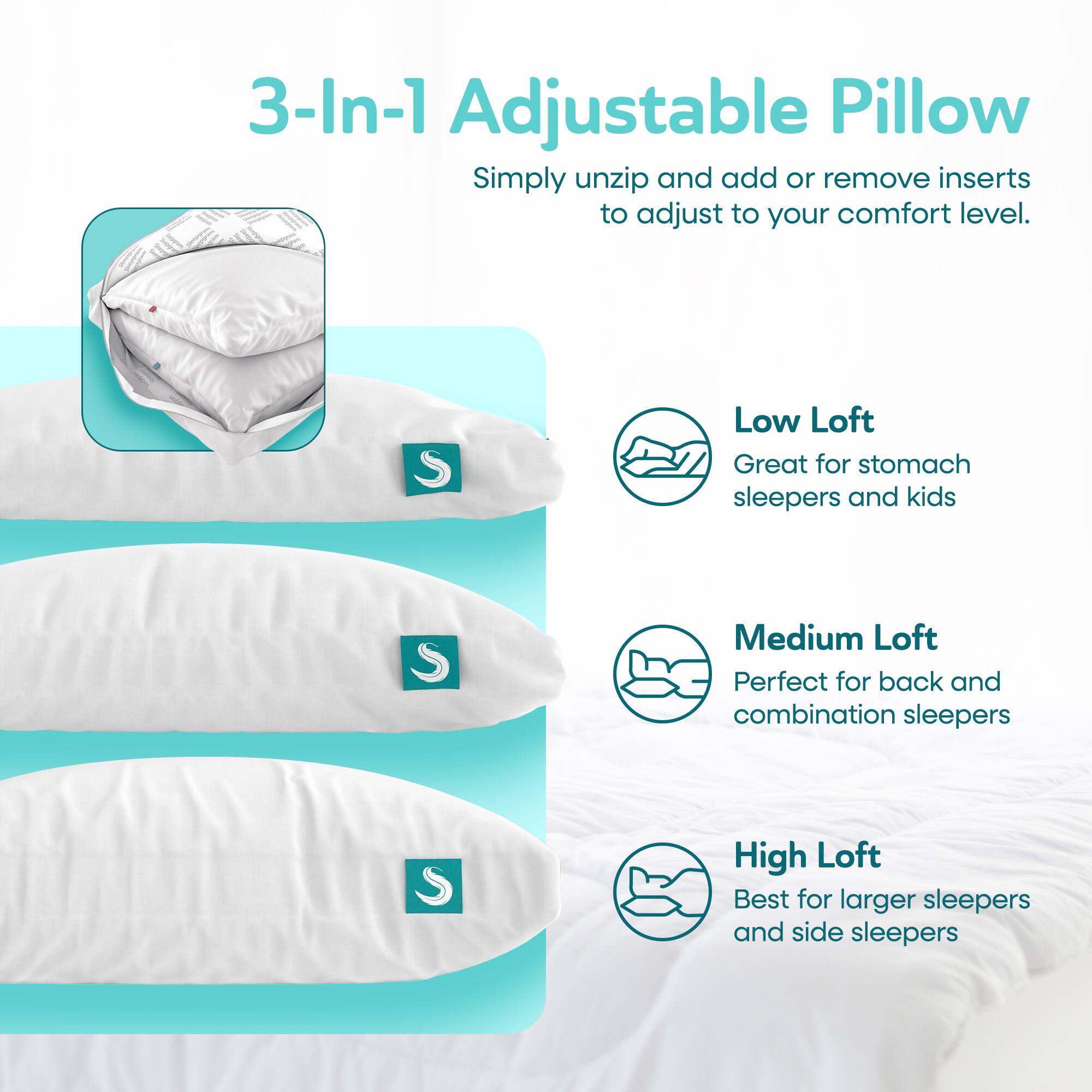 3-In-1 Adjustable Pillow  
Simply unzip and add or remove inserts to adjust to your comfort level.  

- Low Loft: Great for stomach sleepers and kids  
- Medium Loft: Perfect for back and combination sleepers  
- High Loft: Best for larger sleepers and side sleepers