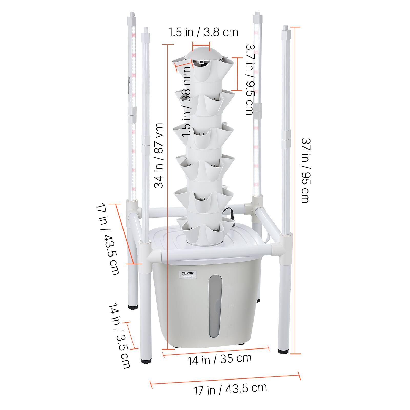 1.5 in / 3.8 cm  
1.5 in / 38 mm  
14 in / 35 cm  
17 in / 43.5 cm  
34 in / 87 cm  
37 in / 95 cm