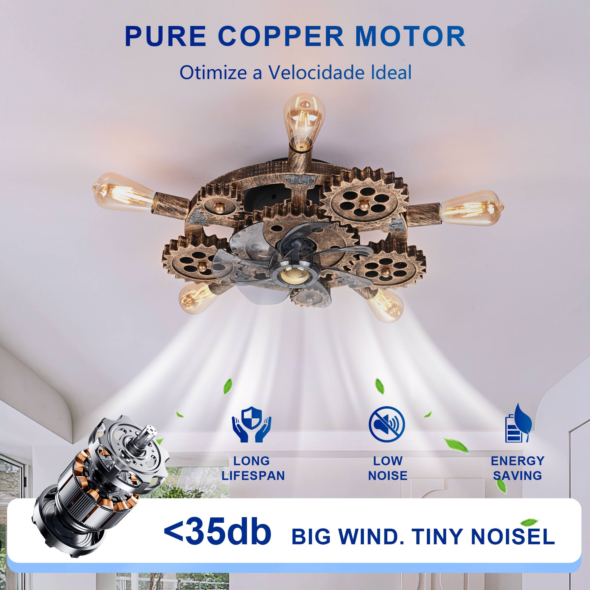 PURE COPPER MOTOR  
Otimiza a Velocidade Ideal  

LONG LIFESPAN  
LOW NOISE  
ENERGY SAVING  

<35db  
BIG WIND. TINY NOISE