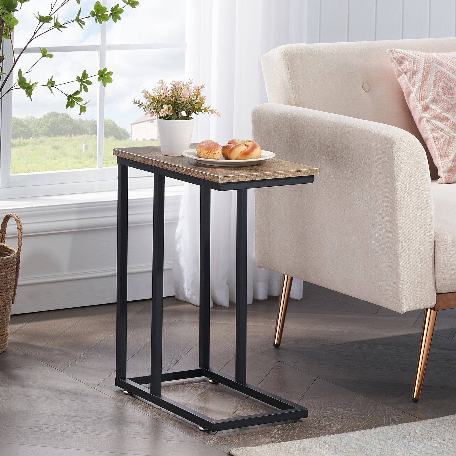 Vecelo - 2Pack C Shaped End Table for Small Spaces, Sofa Side Table with Metal Frame, Easy to Assemble Snack Table - Gray