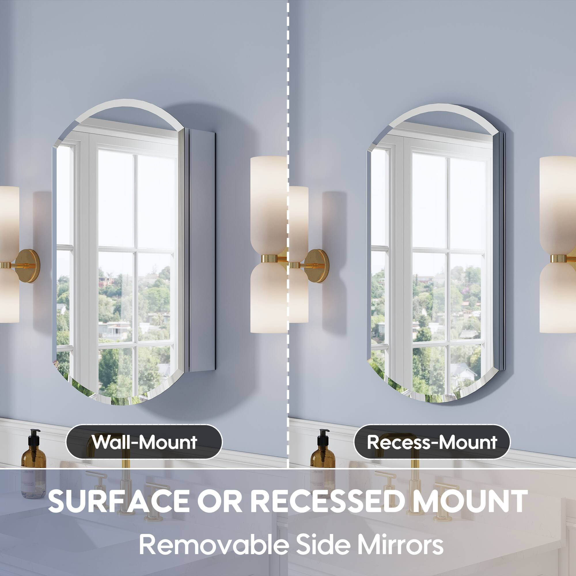 Wall-Mount  
Recess-Mount  
SURFACE OR RECESSED MOUNT  
Removable Side Mirrors