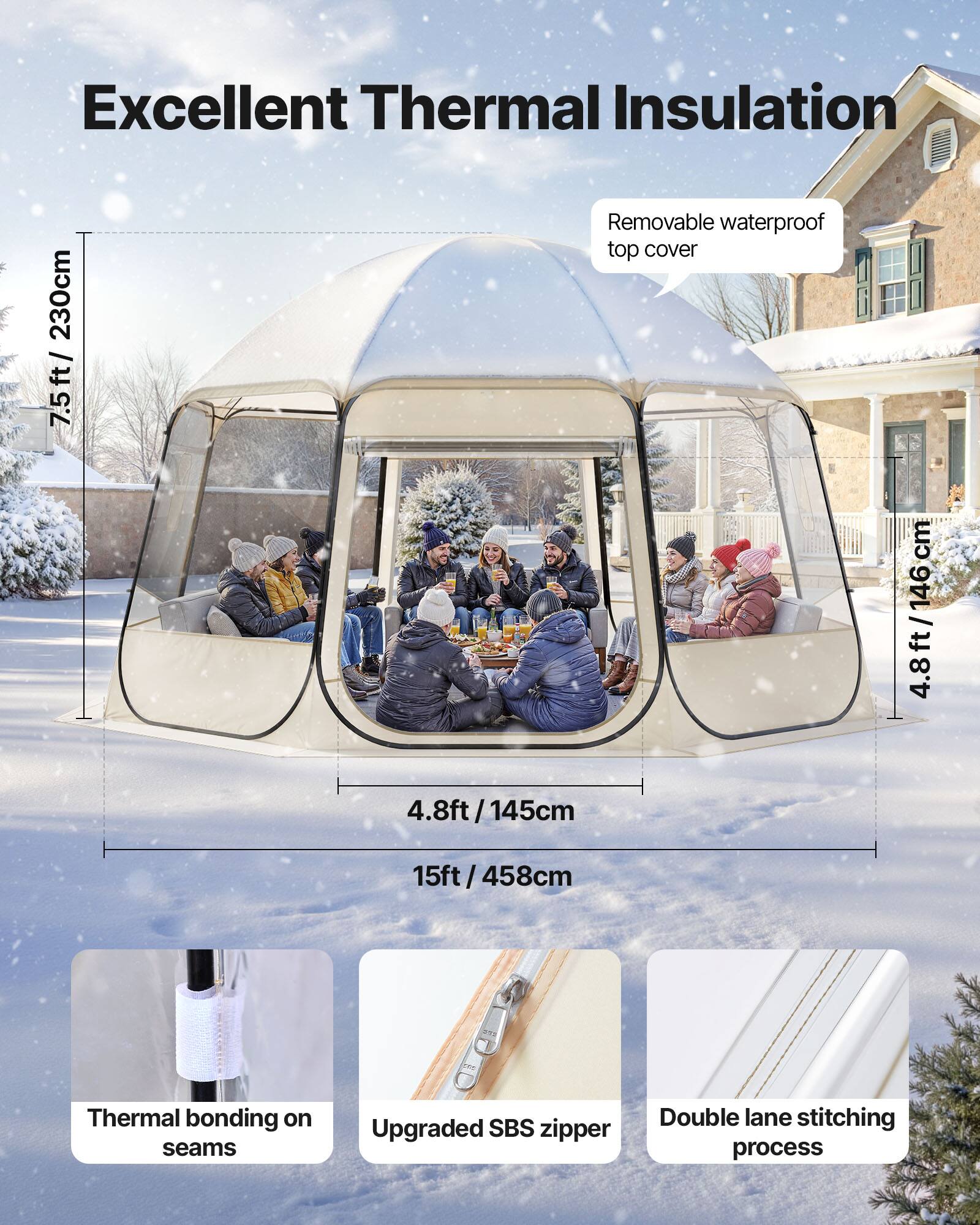 Excellent Thermal Insulation

- Removable waterproof top cover
- 7.5ft / 230cm
- 4.8ft / 146cm
- 15ft / 458cm
- 4.8ft / 145cm

Features:
- Thermal bonding on seams
- Upgraded SBS zipper
- Double lane stitching process