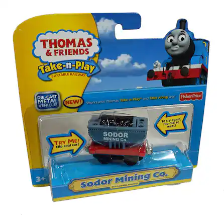 **Thomas & Friends Take-n-Play Portable Railway**
- **Die-Cast Metal Vehicle!**
- **New!** Works with Thomas Take-n-Play™ and Take Along sets!
- **Try Me!** Flip coal car!
- **To try again, flip dial to reset!**
- **Sodor Mining Co.** For Portable Playsets
- **3+**