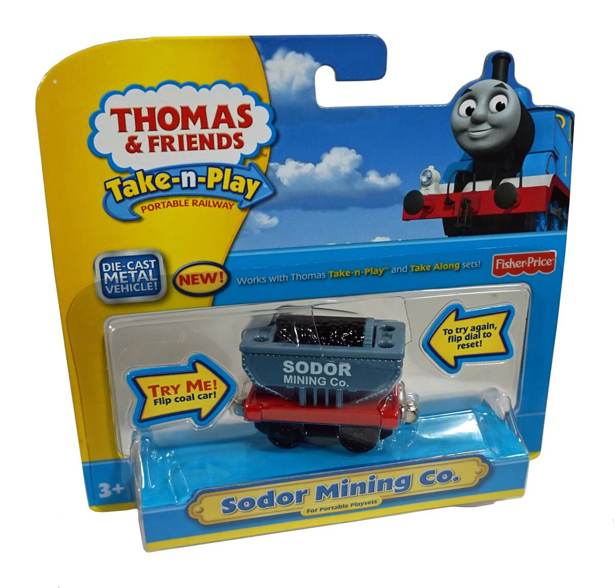 **Thomas & Friends Take-n-Play Portable Railway**

- **Die-Cast Metal Vehicle!**
- **New!** Works with Thomas Take-n-Play™ and Take Along sets!
- **Try Me!** Flip coal car!
- **To try again, flip dial to reset!**
- **Sodor Mining Co.** For Portable Playsets
- **3+**