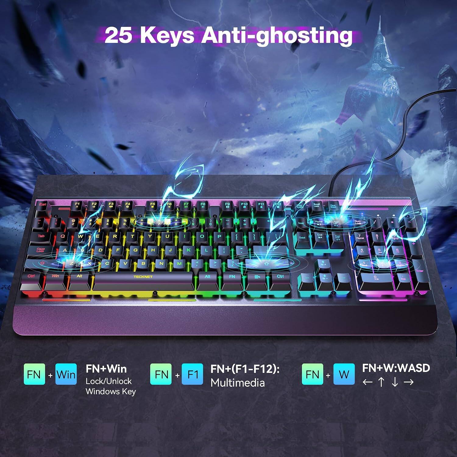 25 Keys Anti-ghosting

Ead
F1 a
F2 0
F3 -
F4 *
F5
8 11
M
F8 K
Pg g
F10 e
F51
F42 8
Ami M
.
Y
G 2
3 3
5 4
% 5
a 5
7
. I
I
D :
FAPE
Look
.
Tab
Q
W
E
R
T
Y
U
I
0
P
Calories
of
Home
1 -
+
Cape Loss
A
6
D
F
G
H
J
K
L
5
Z
X
C
V
B
N
M
?
CH
Win
Alt
TECKNET
Alt
FN
0
FN
FN+Win + Win Lock/Unlock Windows Key
FN
+
FN+(F1-F12): F1 Multimedia
FN
+
FN+W:WASD W