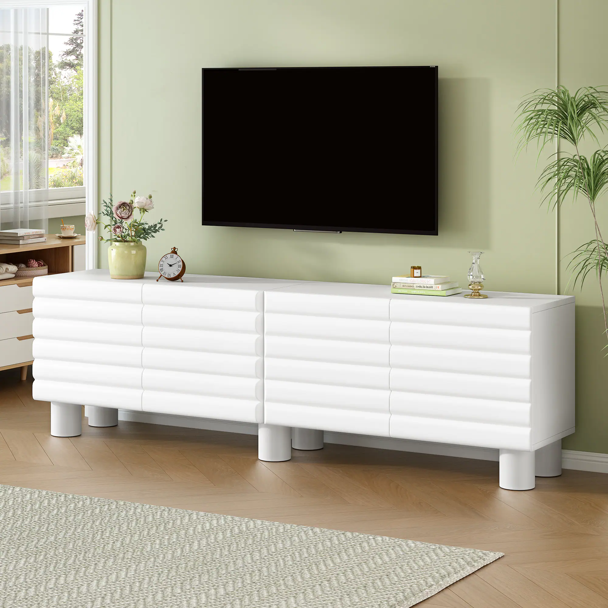 APRILSOUL - Stylish Thick Wavy Door TV Cabinet with Adjustable Shelves Cream Style TV Stand with 4 Cabinets for TVs Up to 75 In - White