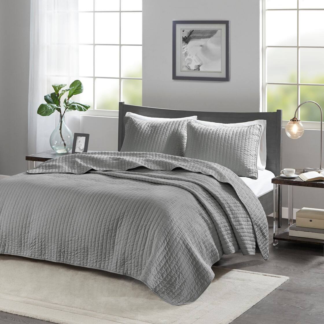 Alt View 1. Gracie Mills - Gracie Mills Becker Cozy Reversible Pick Stitch Quilt Set with Matching Shams - Grey.