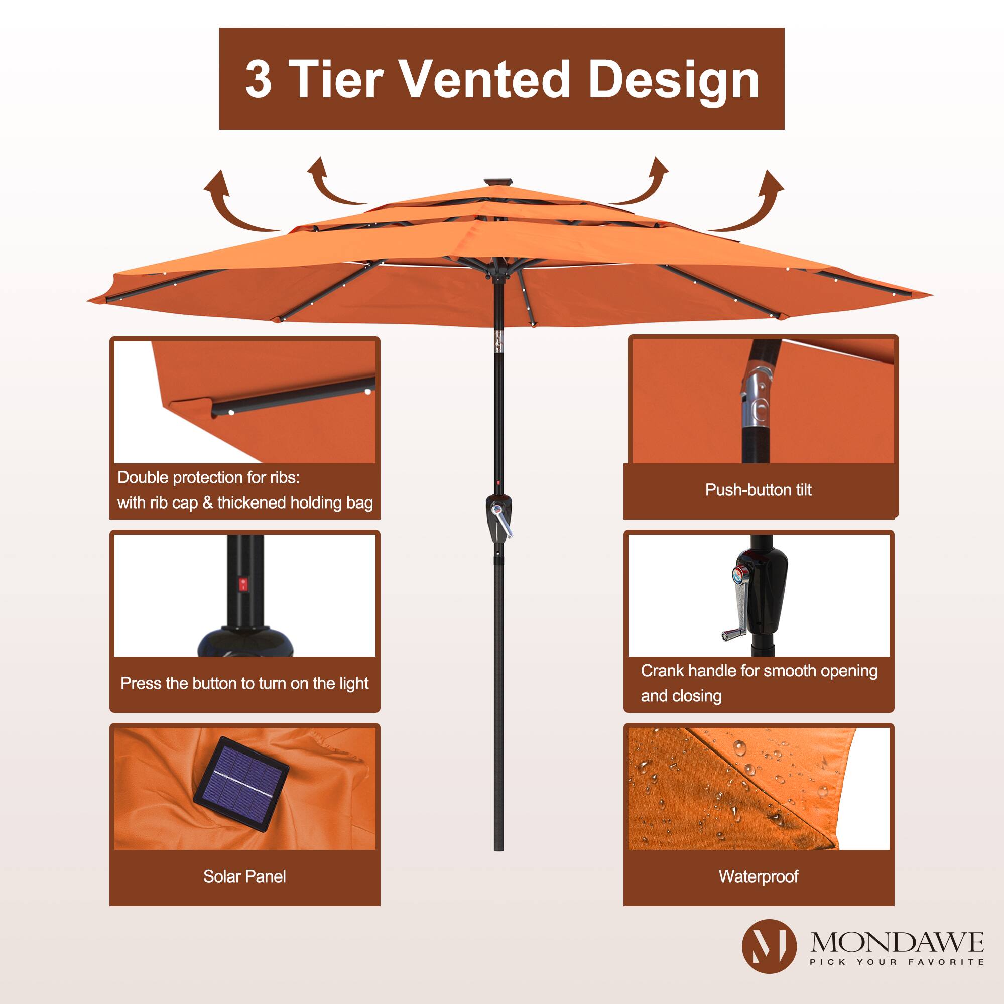 3 Tier Vented Design

Double protection for ribs: with rib cap & thickened holding bag

Push-button tilt

Press the button to turn on the light

Crank handle for smooth opening and closing

Solar Panel

Waterproof

MONDAWE
PICK YOUR FAVORITE