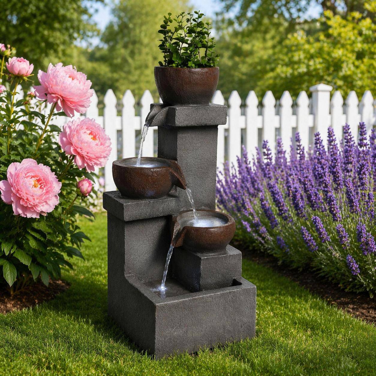 Back. RYHNUYNE - Outdoor Water Fountain with Planter – Tiered Cascading Jar Waterfall Resin Garden Decor with LED Lights for Patio, Porch.