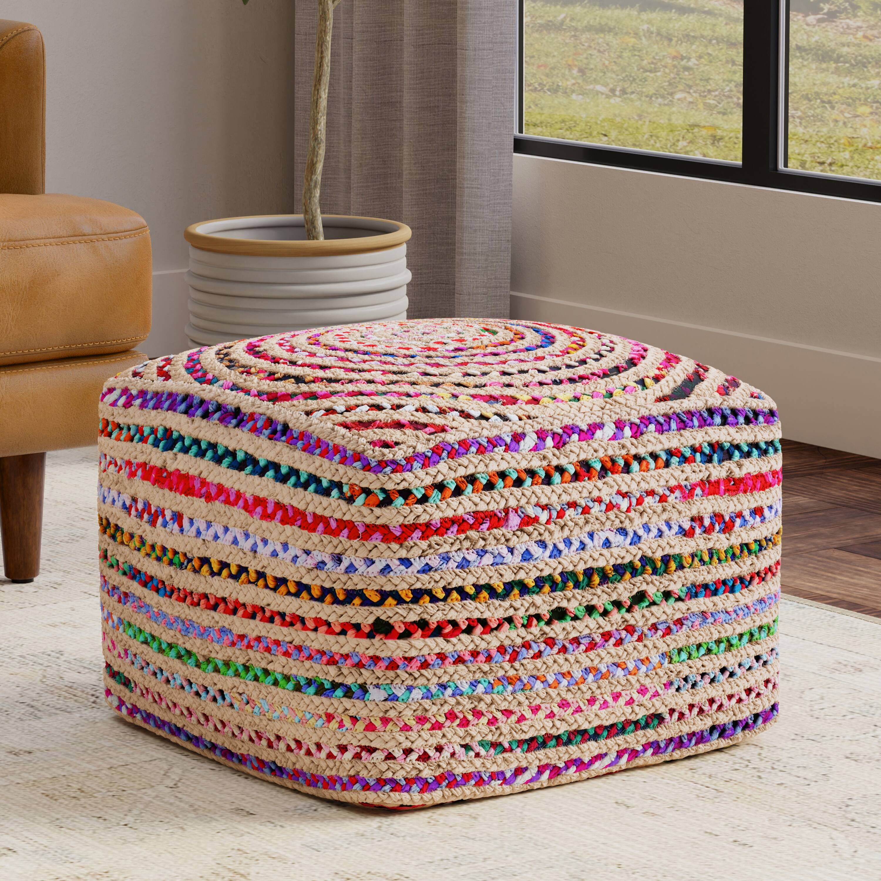 Angle. Simpli Home - Margo 20 inch Wide Boho Pouf in Multicolor Natural Jute/Cotton Chindi, Assembled - Multi Color.