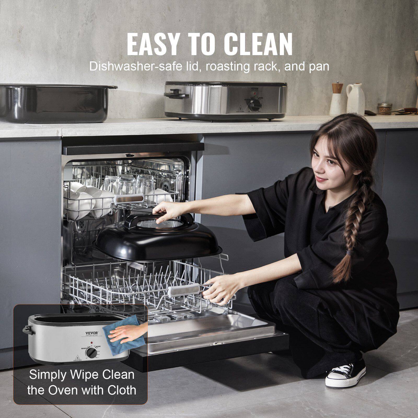 EASY TO CLEAN  
Dishwasher-safe lid, roasting rack, and pan  

Simply Wipe Clean the Oven with Cloth