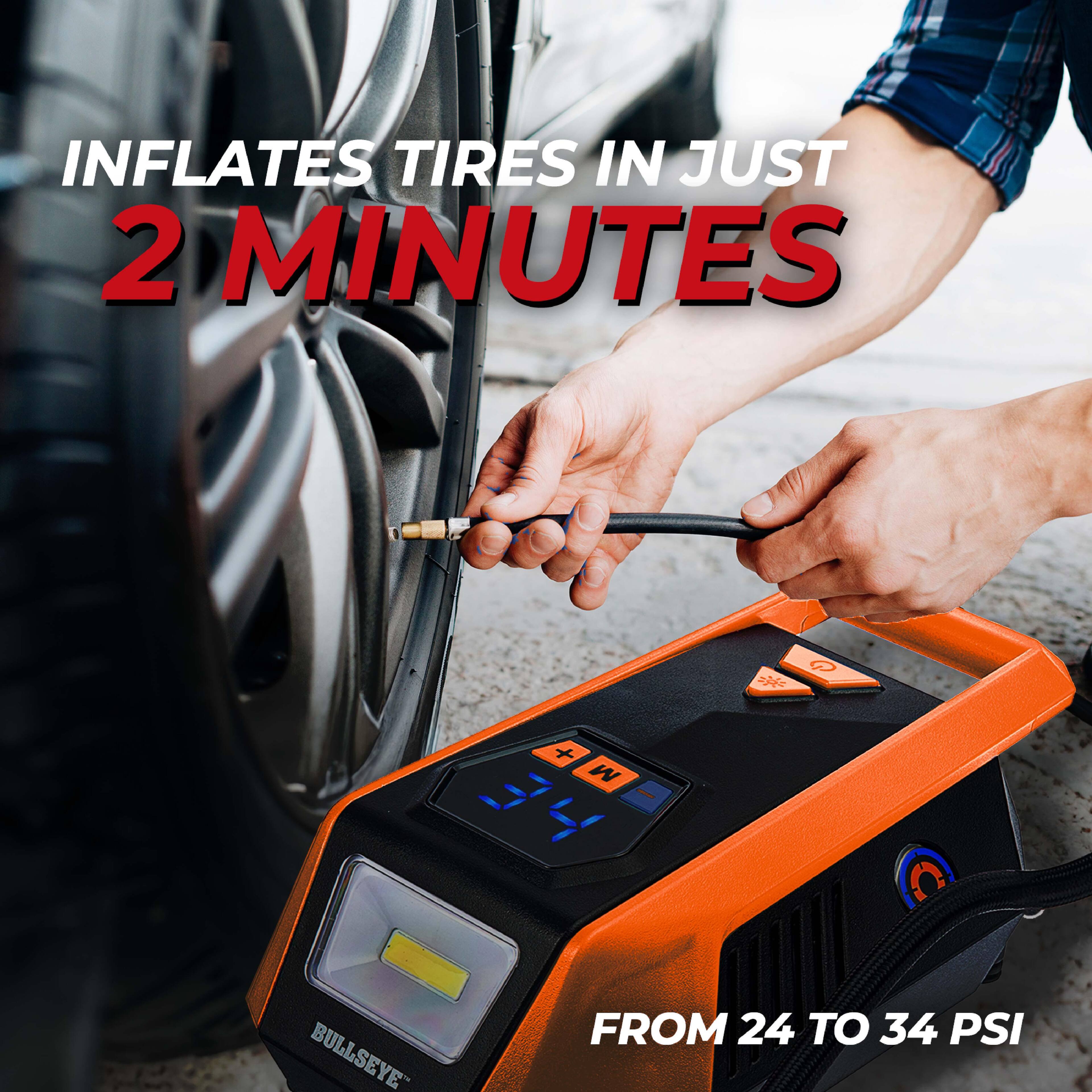 INFLATES TIRES IN JUST 2 MINUTES

BULLSEYE

FROM 24 TO 34 PSI