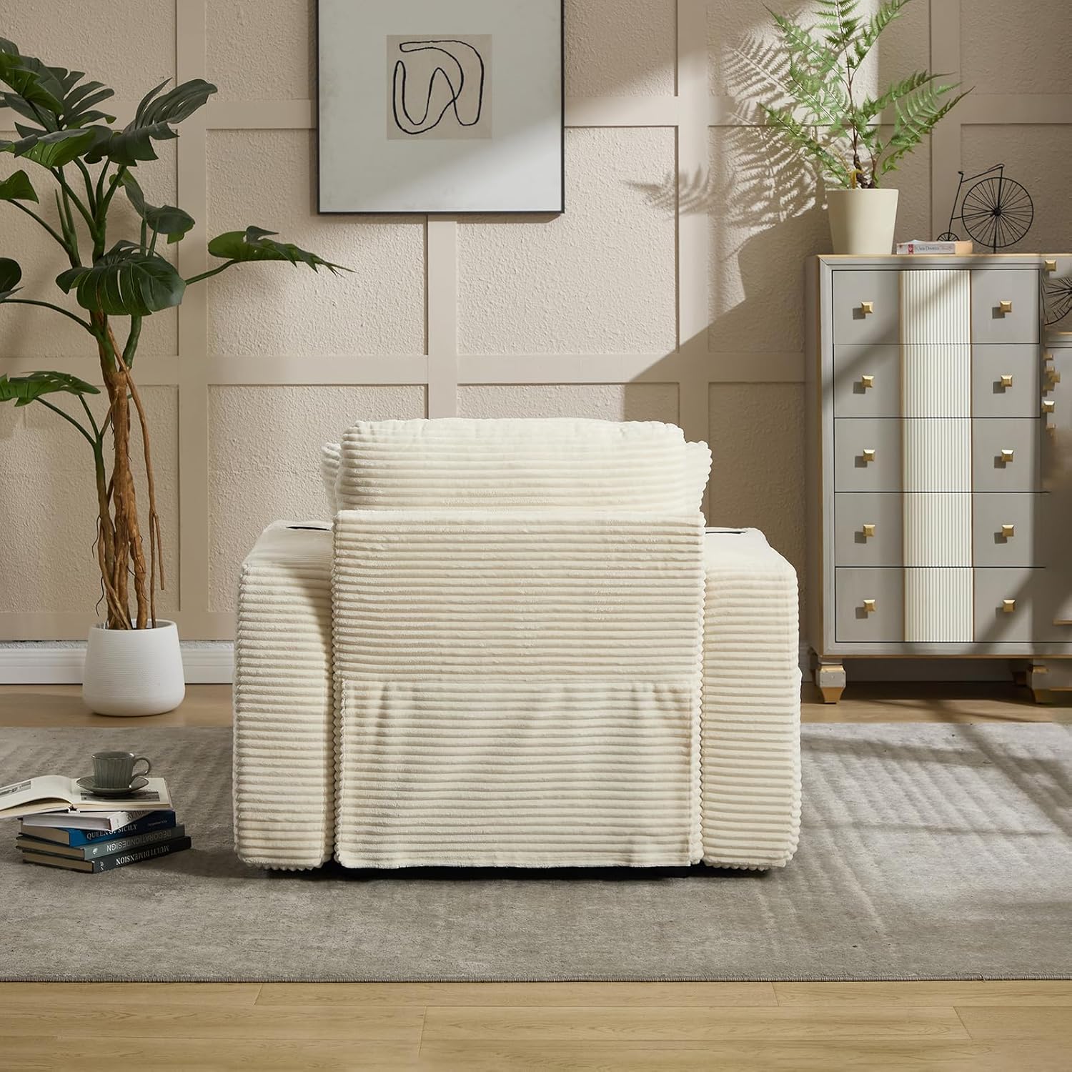 Alt View 6. Trinkets Crazed - Corduroy Chaise Lounge Chair Indoor, Comfy Fluffy Single Sleeper Sofa with Cup Holders and Pockets - beige.