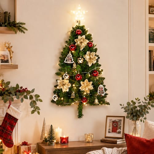 Winado - 2PCS 3FT Christmas Hanging Half Wall Tree, Portable Mini Tree with Lights, Ornaments for Indoor Holiday Party Decoration - Green