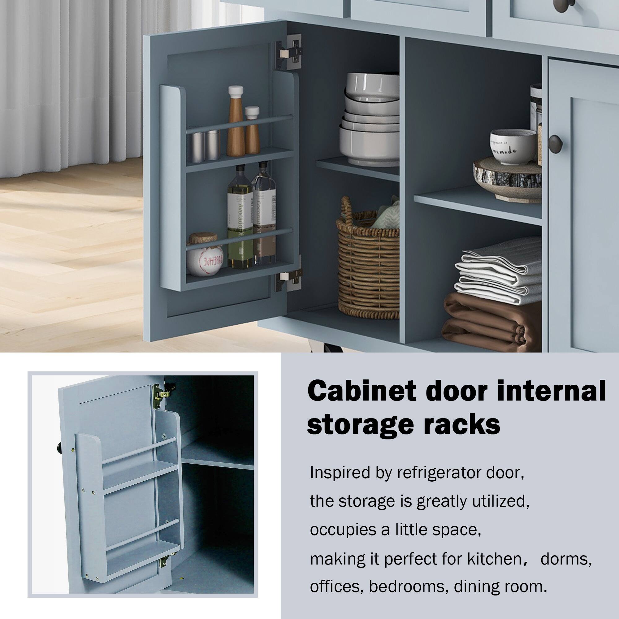 Cabinet door internal storage racks

Inspired by refrigerator door, the storage is greatly utilized, occupies a little space, making it perfect for kitchen, dorms, offices, bedrooms, dining room.