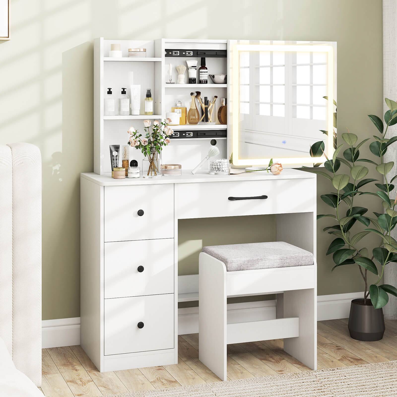 Alt View 1. Costway - Costway Vanity Desk with Sliding Mirror and Lights Makeup Table and Chair Set with 4 Drawers - White.