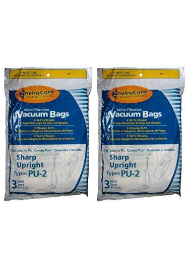 A MUST FOR ALLERGY SUFFERERS!  
EnviroCare Technologies  
Micro Filtration Vacuum Bags  
99.7% Trap Particles  
Designed to Fit: Concus Pour: Diseñado a Medida:  
Sharp Upright Types PU-2  
3 BAGS / 3 SACS / 3 BOLSAS