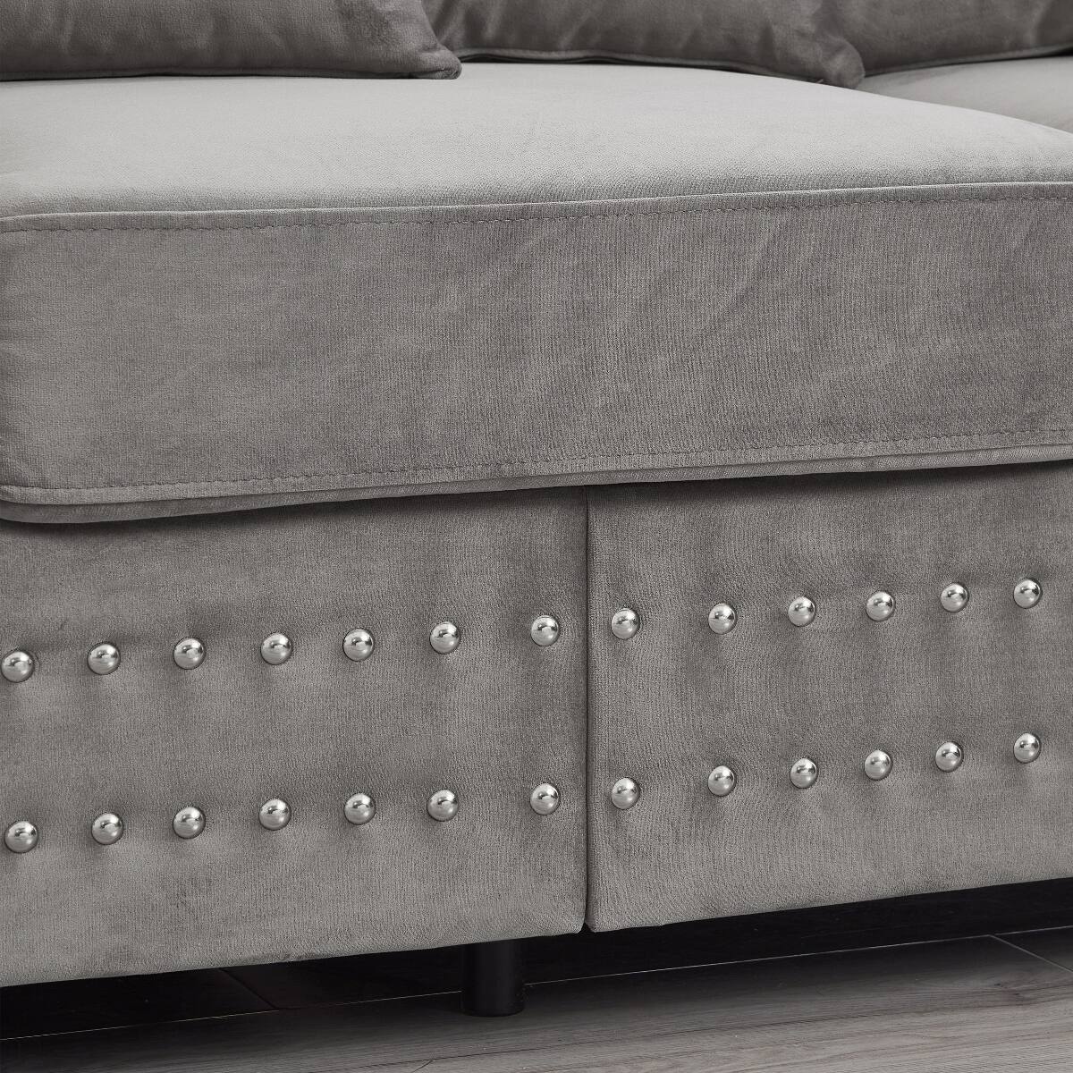 Alt View 1. Ropilly - Ropilly Grey Velvet Sofa with Square Arms, 3 Seat Living Room Sofa with Silver Nailhead Trim and Storage - Grey.