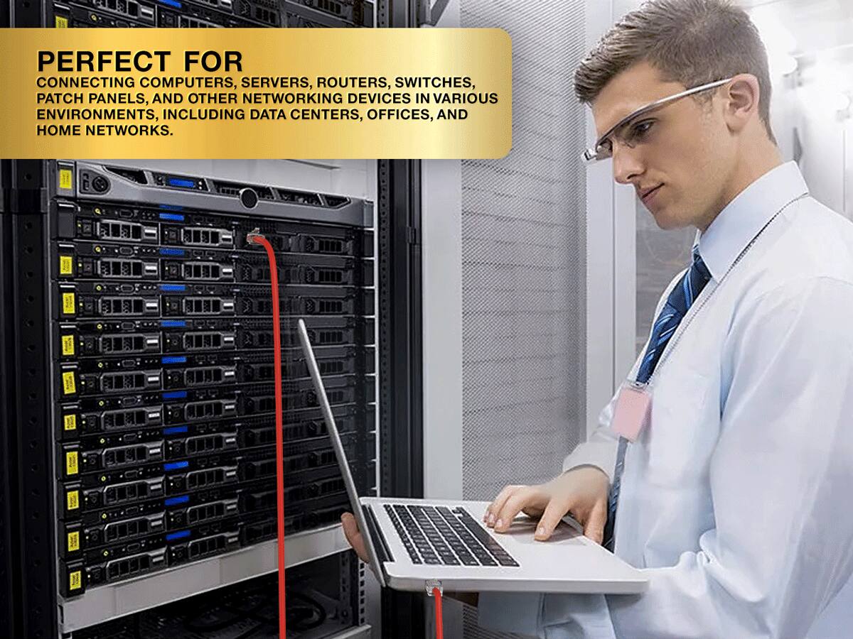 PERFECT FOR CONNECTING COMPUTERS, SERVERS, ROUTERS, SWITCHES, PATCH PANELS, AND OTHER NETWORKING DEVICES IN VARIOUS ENVIRONMENTS, INCLUDING DATA CENTERS, OFFICES, AND HOME NETWORKS.