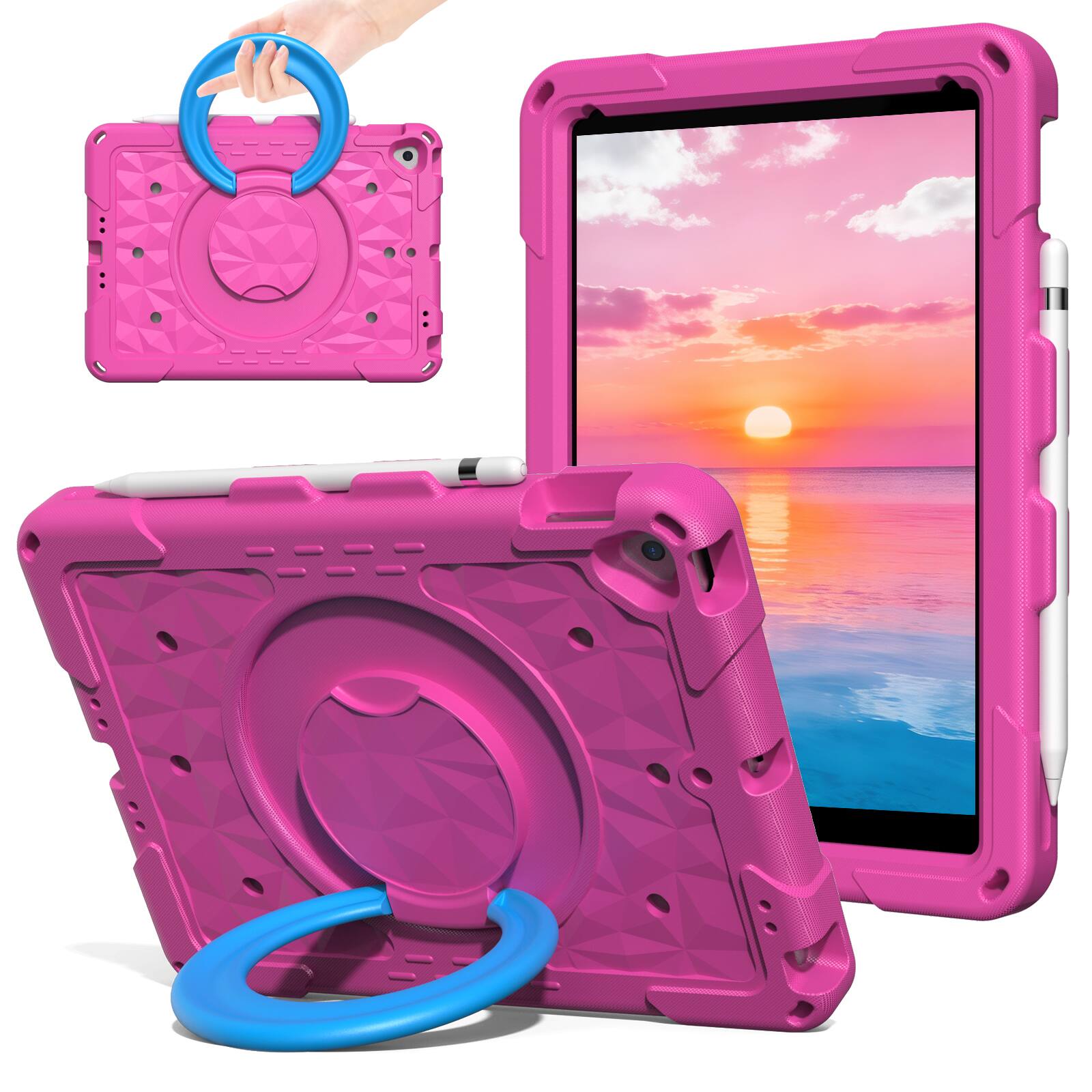 Angle. UUCOVER - Kids Case for iPad 9th/8th/7th Generation 10.2 inch Shockproof EVA Handle Stand Cover with Shoulder Strap - Rose+Blue.