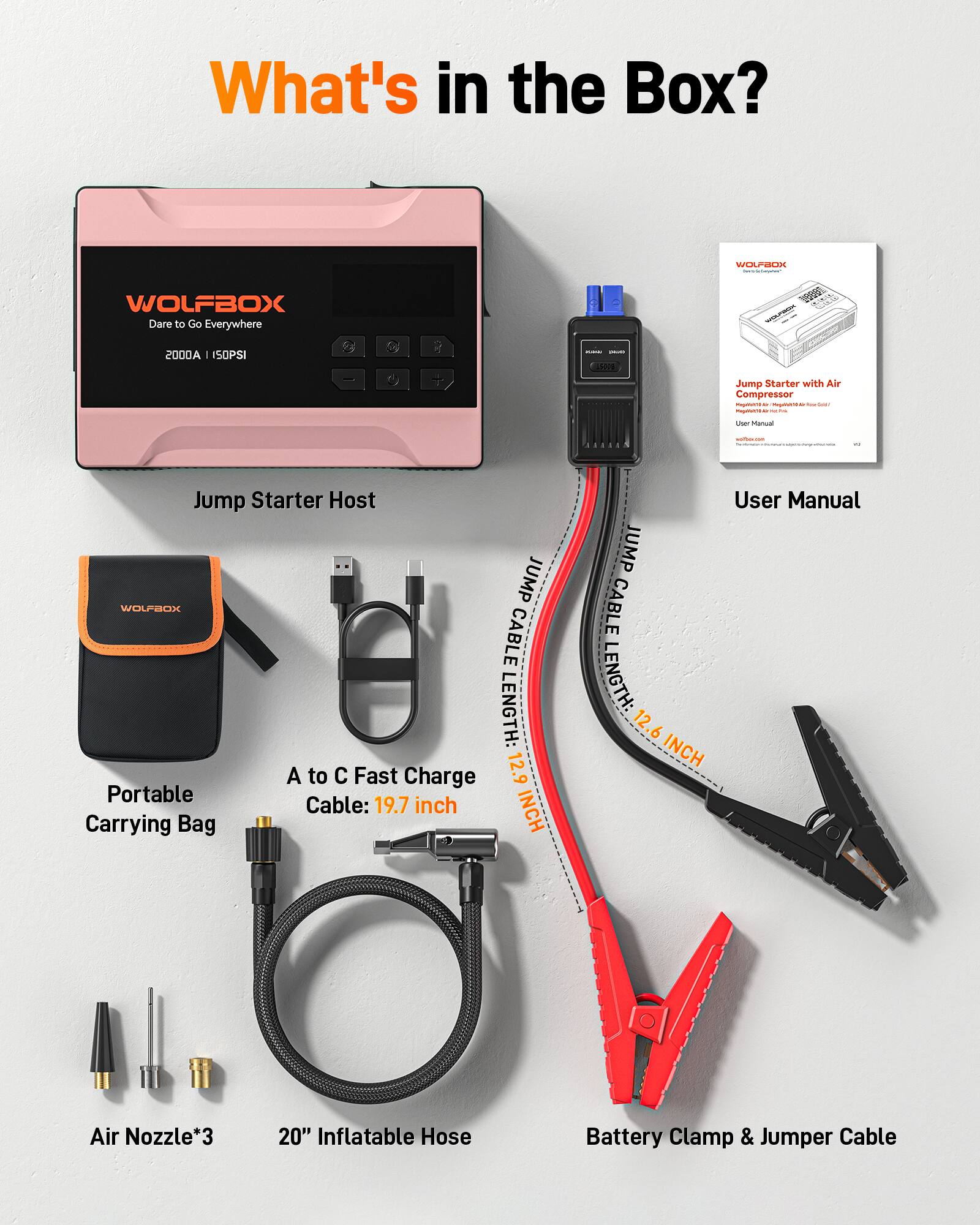 What's in the Box?  
WOLFBOX Dare to Go Everywhere  
2000A | 150PSI  
Jump Starter with Air Compressor  

- Jump Starter Host  
- Portable Carrying Bag  
- A to C Fast Charge Cable: 19.7 inch  
- JUMP CABLE LENGTH: 12.6 INCH  
- Air Nozzle*3  
- 20" Inflatable Hose  
- Battery Clamp & Jumper Cable  
- User Manual